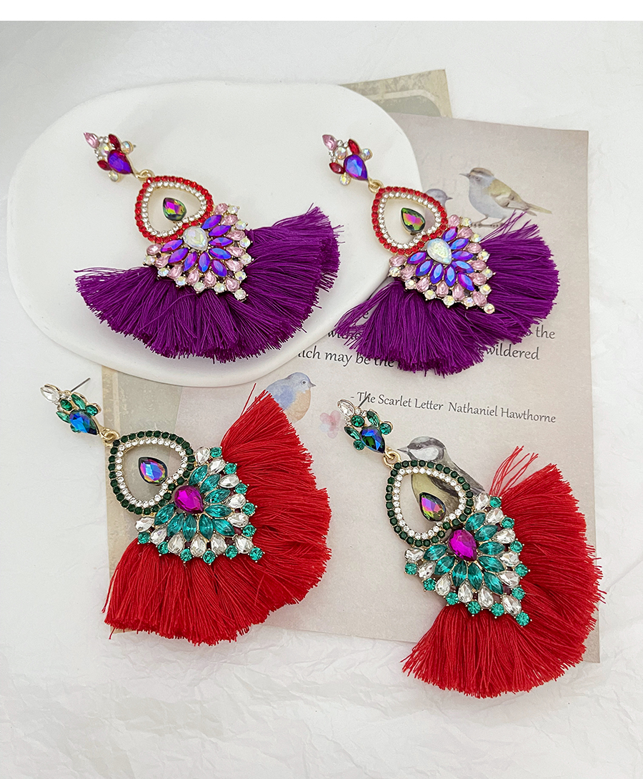 Fashion Purple Alloy Diamond Heart Tassel Stud Earrings,Stud Earrings