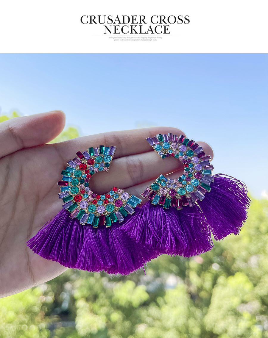 Fashion Purple Alloy Diamond C-shaped Tassel Stud Earrings,Stud Earrings