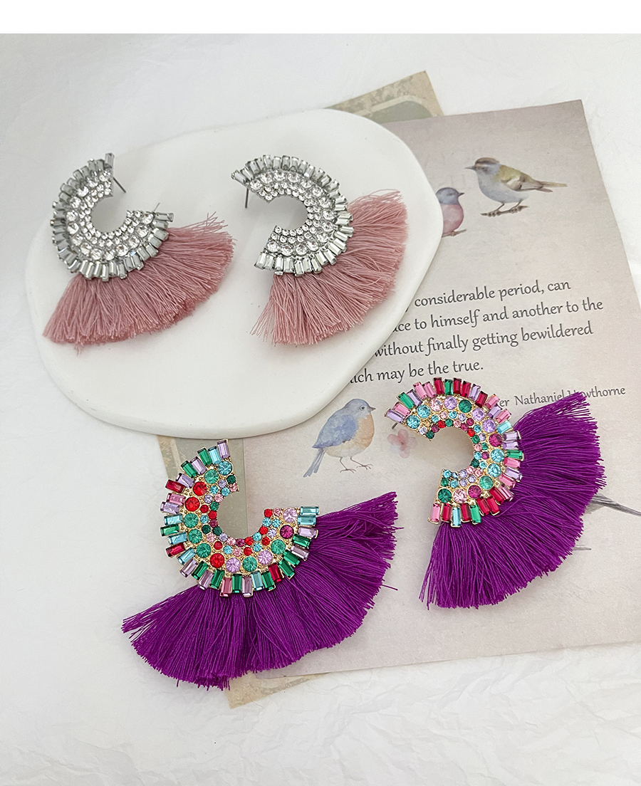 Fashion Leather Pink Alloy Diamond C-shaped Tassel Stud Earrings,Stud Earrings