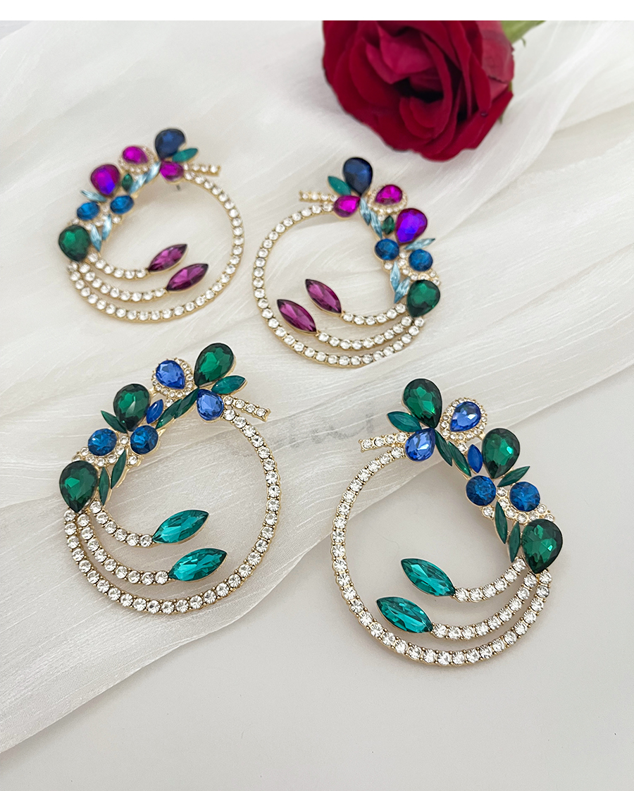 Fashion Blue Alloy Diamond Hoop Flower Stud Earrings,Stud Earrings