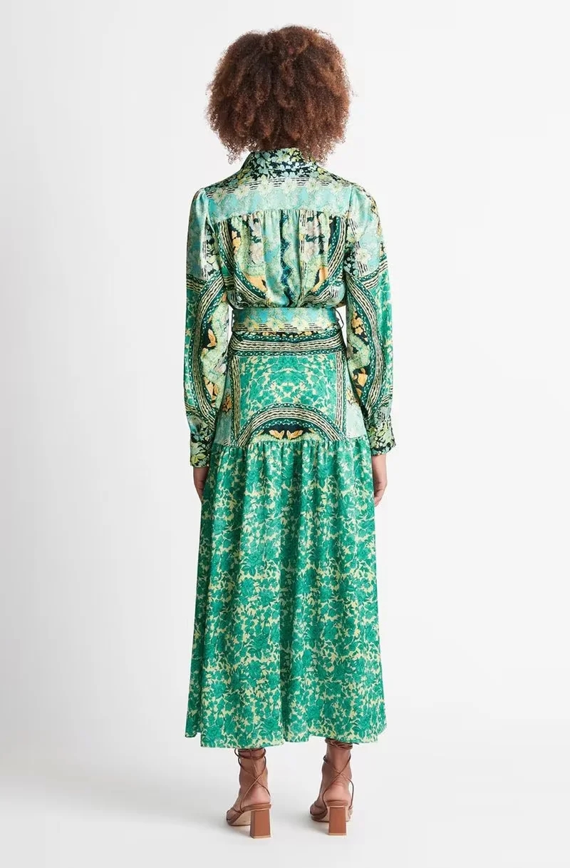 Fashion Green Printed Long-sleeve Dress,Long Dress