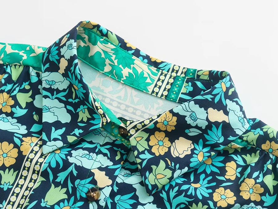 Fashion Green Woven Print Button-down Lapel Shirt,Blouses