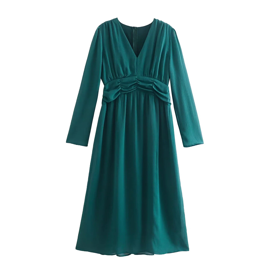 Fashion Green V-neck Pleated Waist Long-sleeve Dress,Long Dress