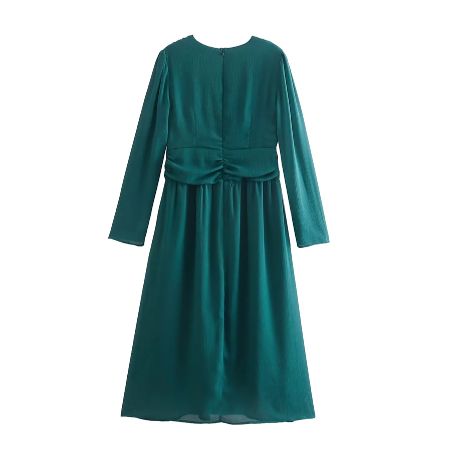 Fashion Green V-neck Pleated Waist Long-sleeve Dress,Long Dress