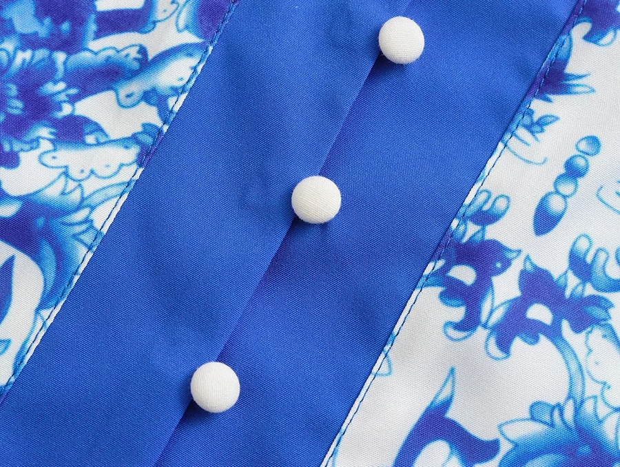 Fashion Blue Woven Print Button-up Shirt,Blouses