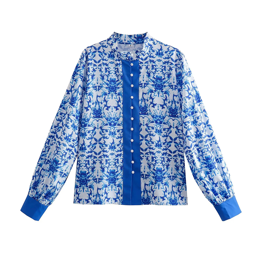 Fashion Blue Woven Print Button-up Shirt,Blouses