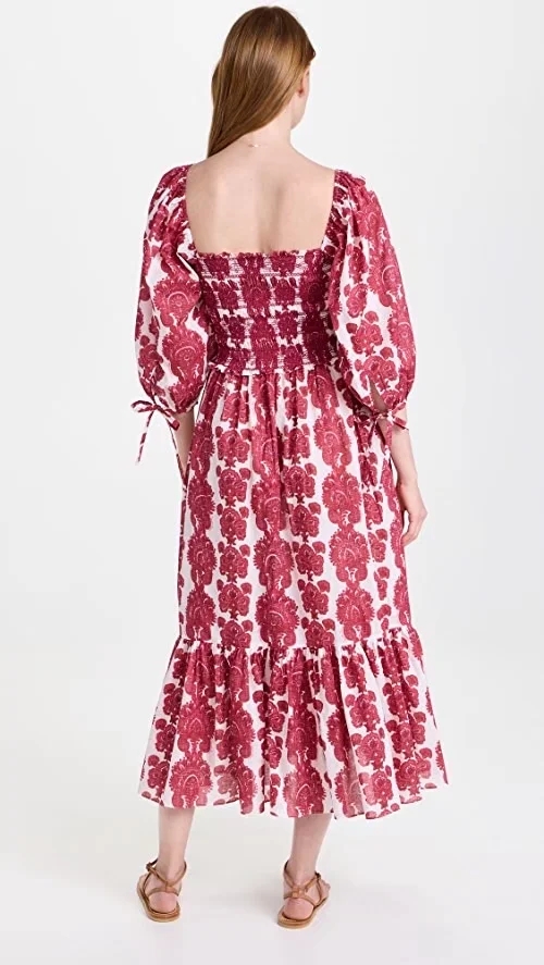 Fashion Red Woven Square Neck Print Sleeve Dress,Long Dress
