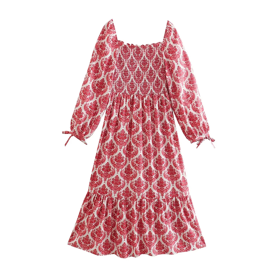 Fashion Red Woven Square Neck Print Sleeve Dress,Long Dress