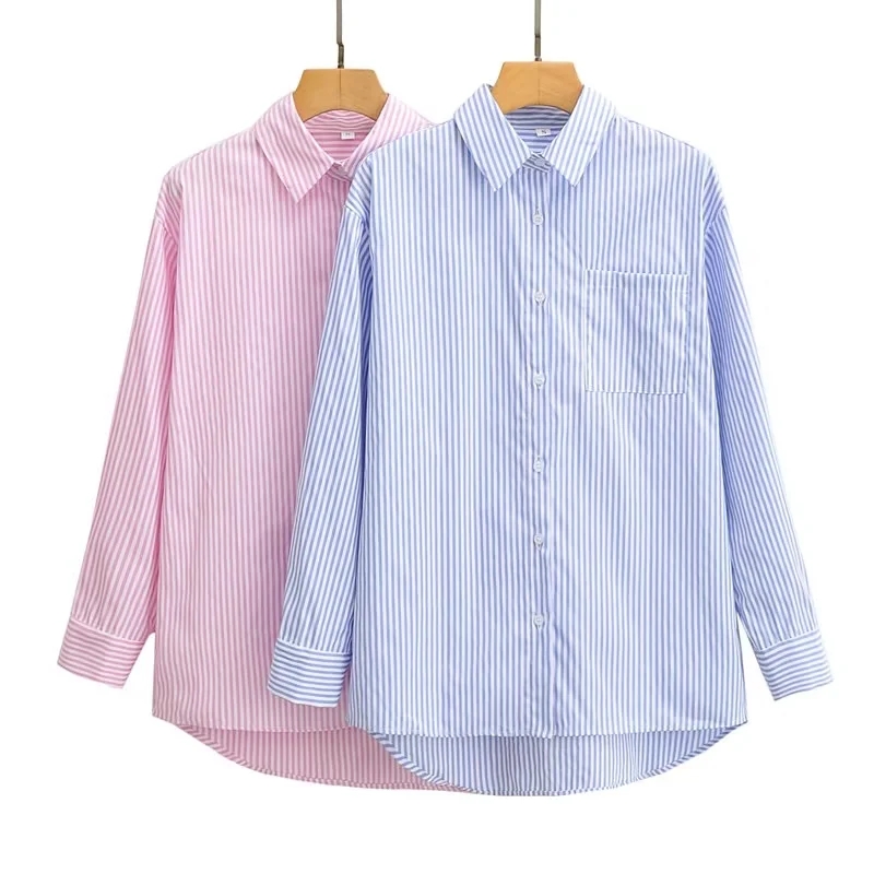 Fashion Pink Striped Lapel Button-down Shirt,Blouses