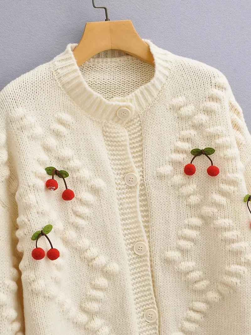 Fashion Pink Knit Cherry Crew Neck Button-down Cardigan,Sweater
