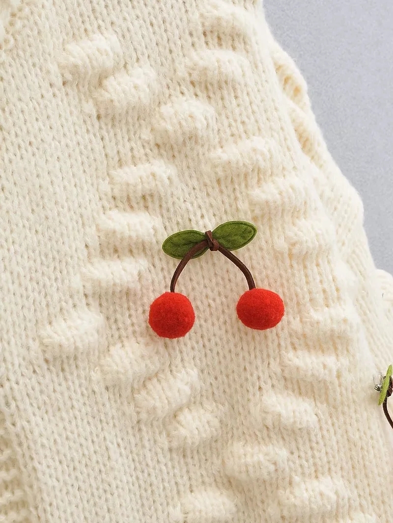 Fashion Pink Knit Cherry Crew Neck Button-down Cardigan,Sweater
