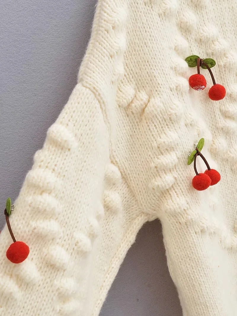 Fashion Creamy-white Knit Cherry Crew Neck Button-down Cardigan,Sweater