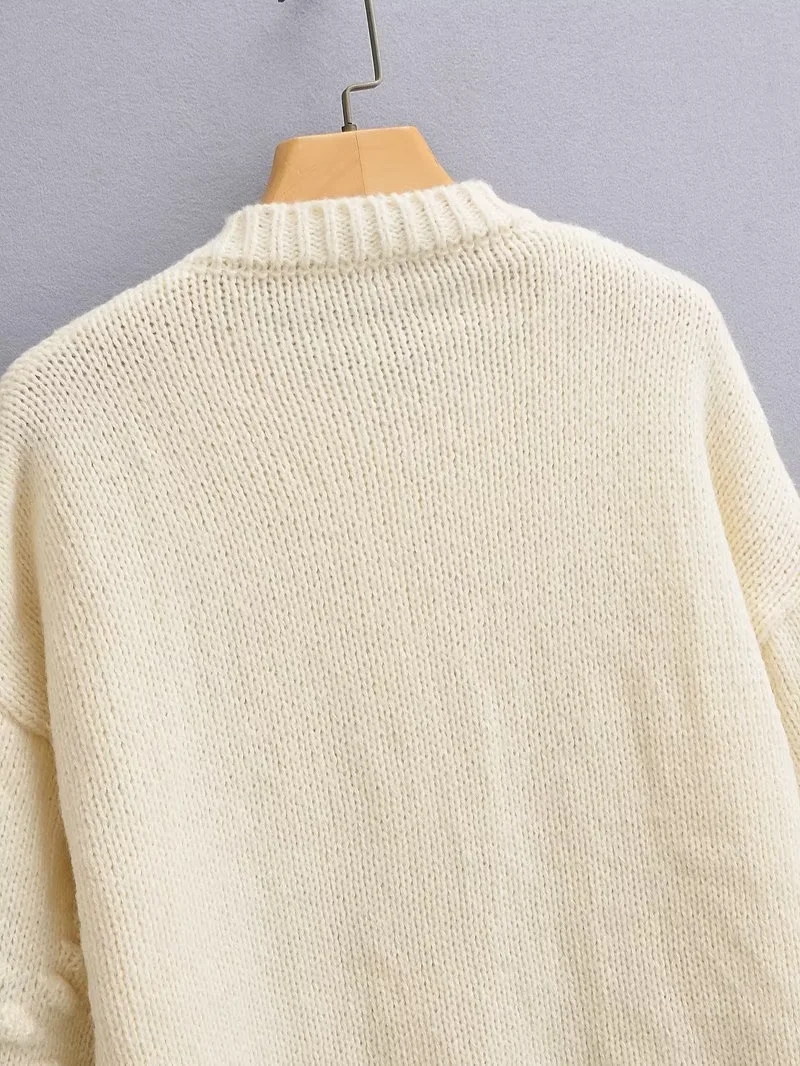Fashion Creamy-white Knit Cherry Crew Neck Button-down Cardigan,Sweater