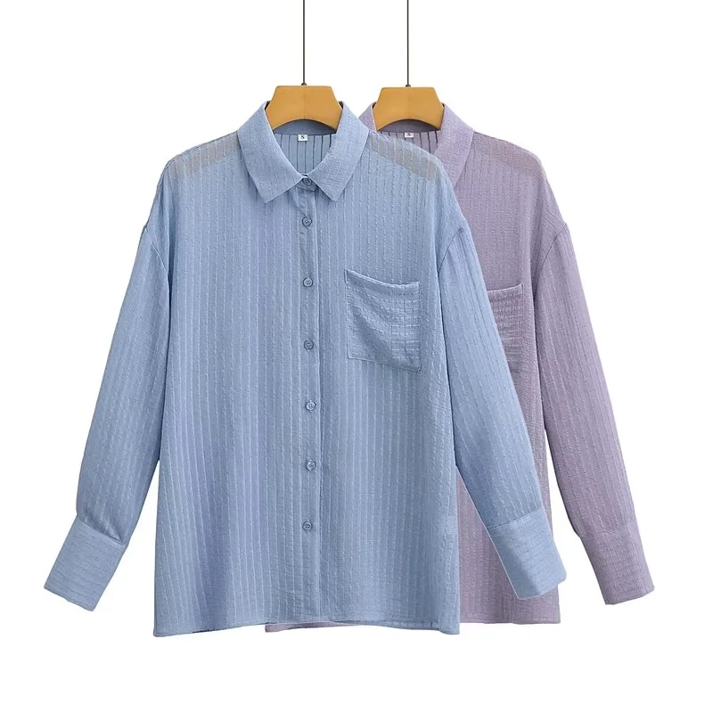 Fashion Blue Striped Lapel Button-down Shirt,Blouses