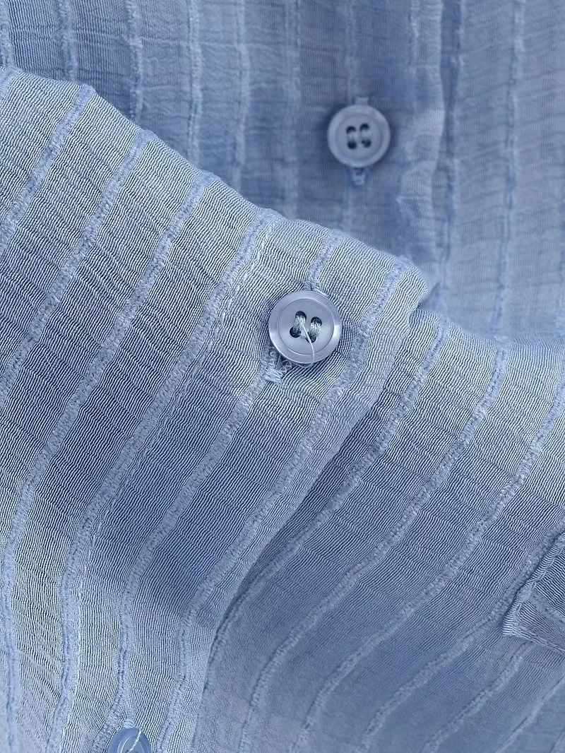Fashion Blue Striped Lapel Button-down Shirt,Blouses