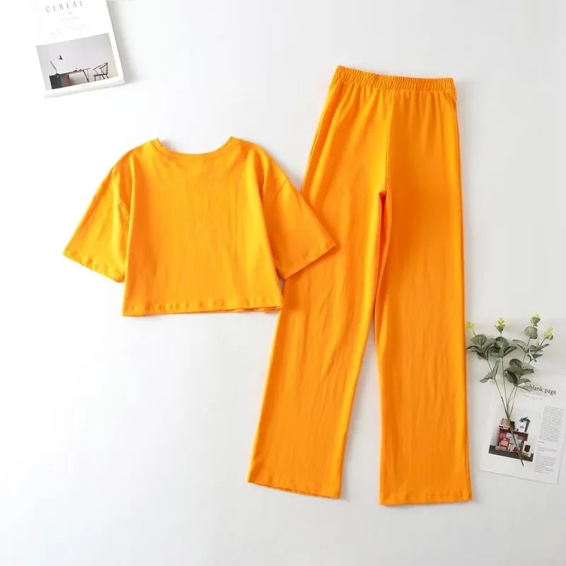 Fashion Yellow Solid Color Crew Neck Short Sleeve Lace-up Straight Pants Set,Suits
