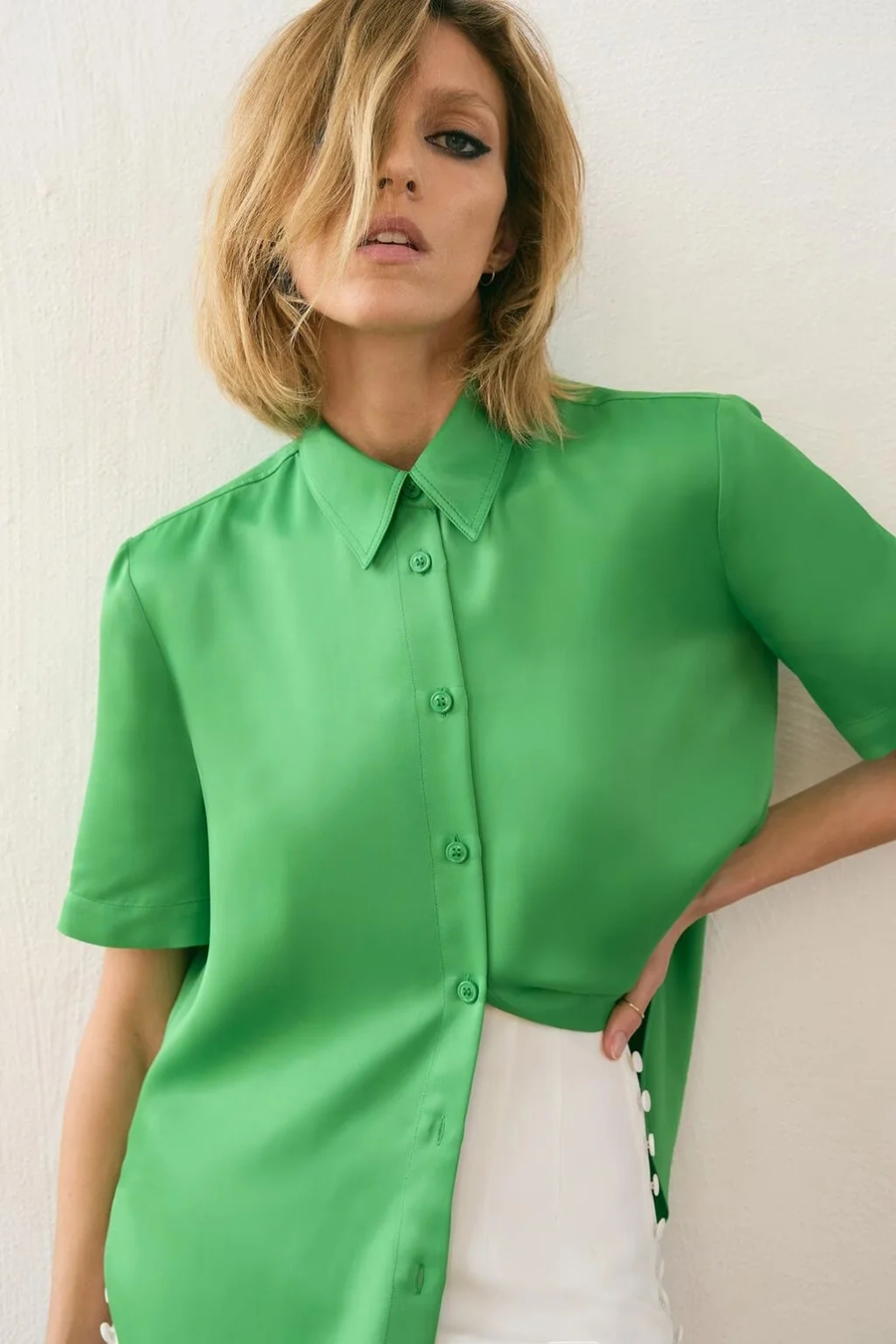 Fashion Green Lapel Buttoned Shirt,Blouses