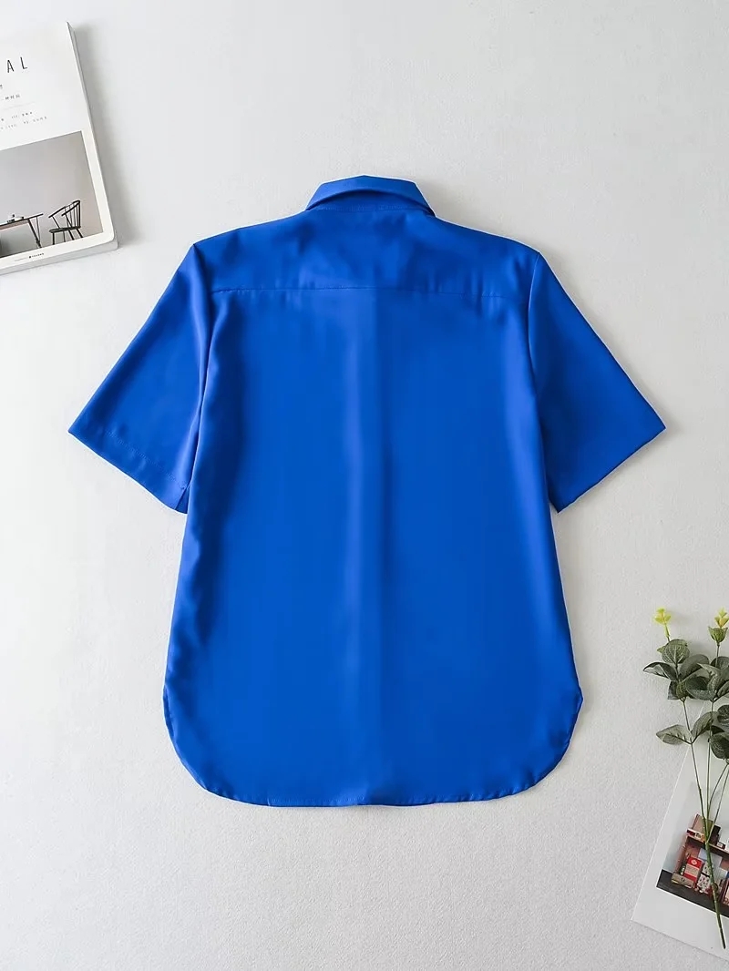 Fashion Blue Lapel Buttoned Shirt,Blouses