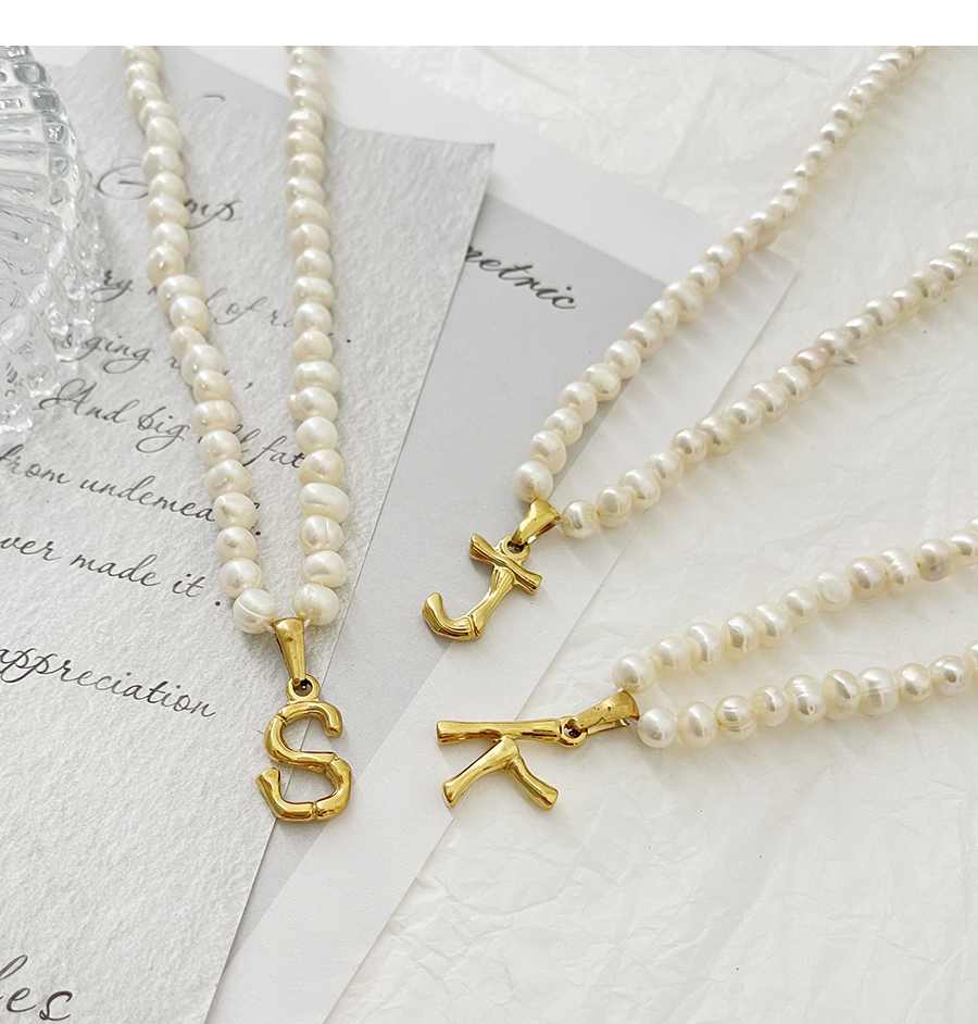 Fashion D Titanium Steel Pearl Beaded 26 Letter Necklace,Necklaces