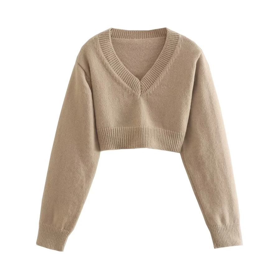 Fashion Camel Knit V-neck Sweater,Coat-Jacket