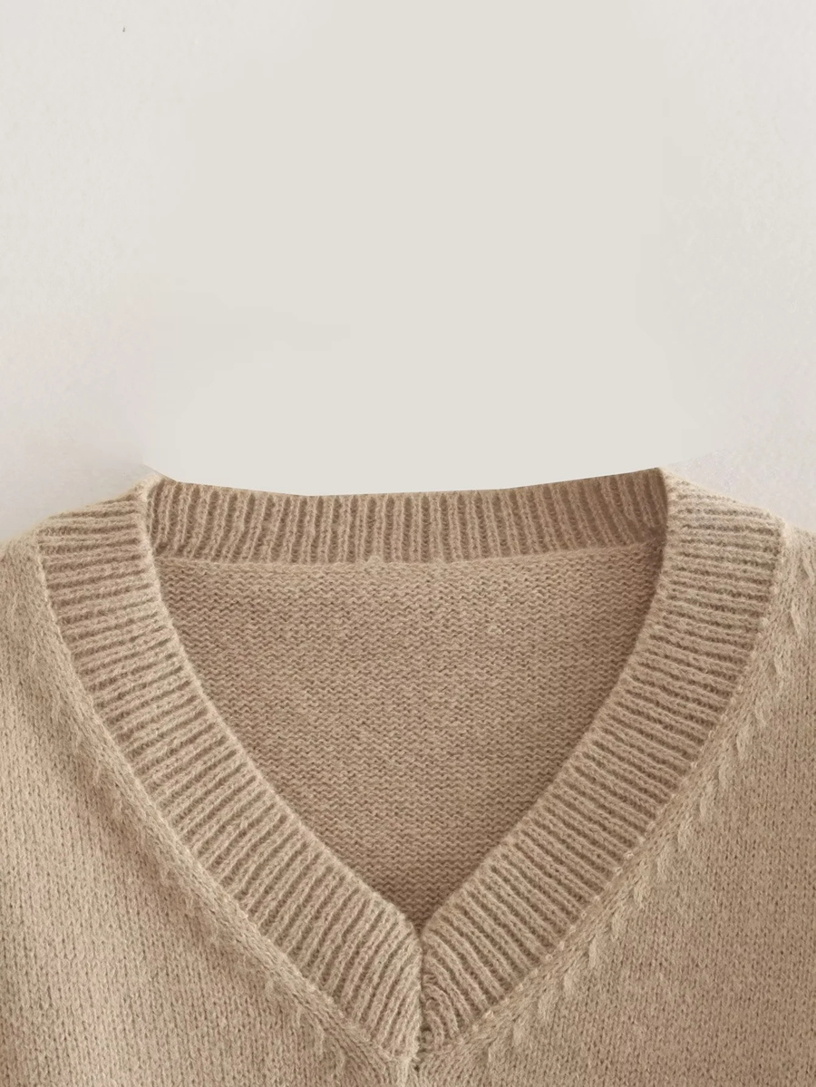 Fashion Camel Knit V-neck Sweater,Coat-Jacket