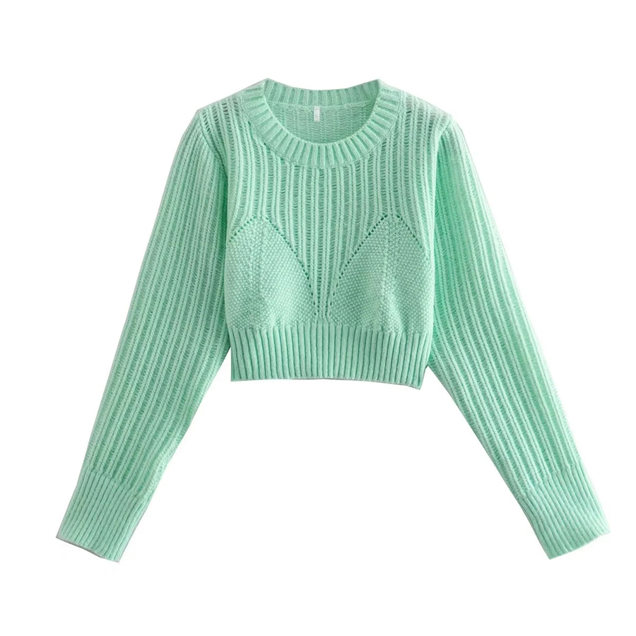 Fashion Light Green Open-knit Crewneck Sweater,Sweater