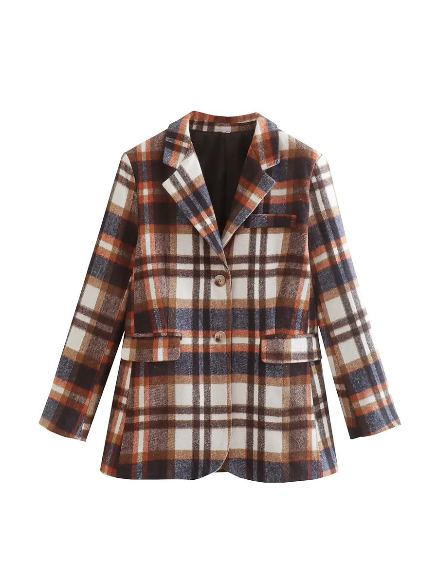 Fashion Lattice Wool Plaid Pocket Blazer,Coat-Jacket