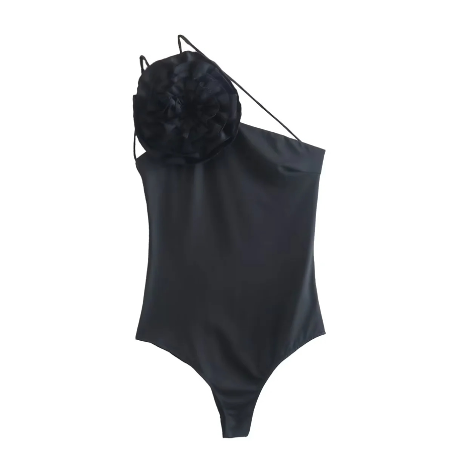 Fashion Black Floral Asymmetric Bodysuit,One Pieces