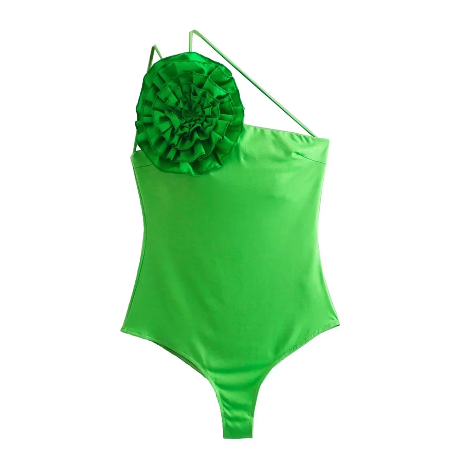 Fashion Green Floral Asymmetric Bodysuit,One Pieces