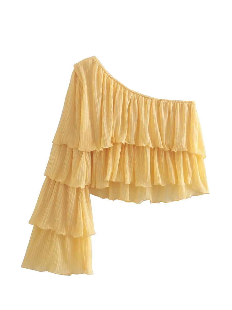 Fashion Beige Asymmetric Pleated Layered Top,Blouses