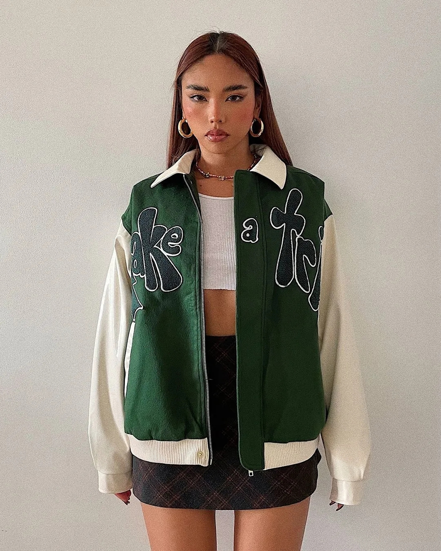 Fashion Green Flocked Panel Embroidered Baseball Jacket,Coat-Jacket
