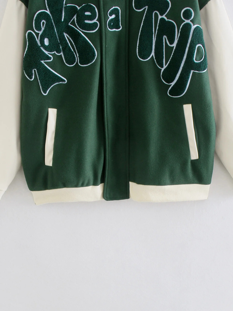 Fashion Green Flocked Panel Embroidered Baseball Jacket,Coat-Jacket