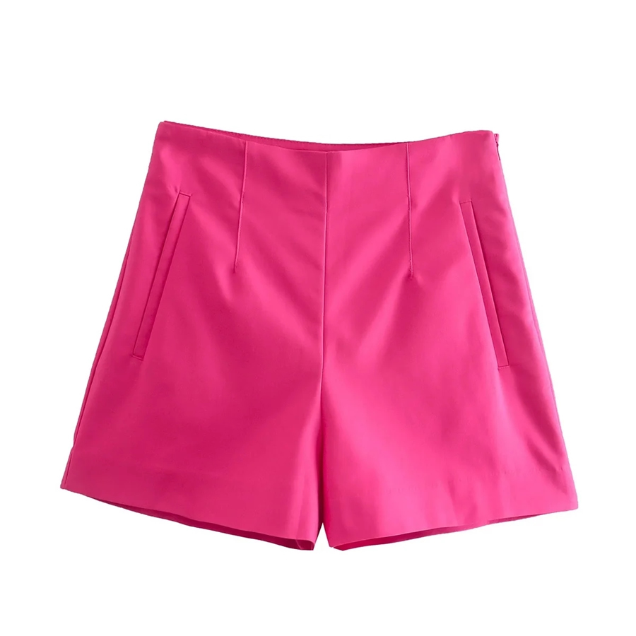Fashion Rose Red High Waist Micro Pleated Shorts,Shorts