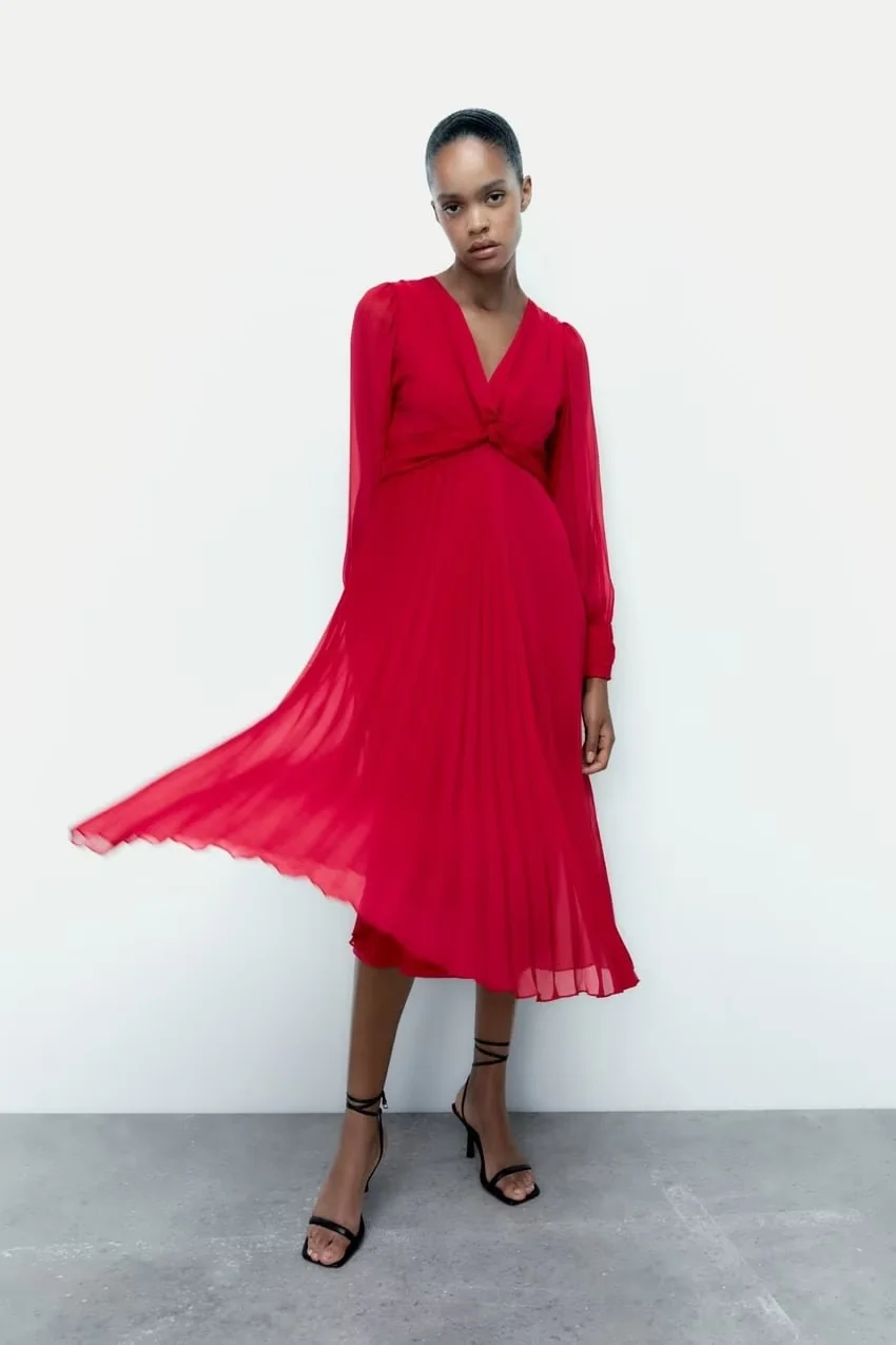Fashion Red Solid Pleated V-neck Dress,Long Dress
