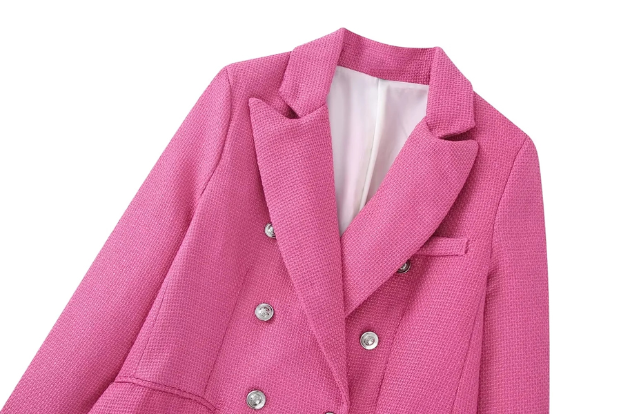 Fashion Rose Red Textured Double-breasted Pocket Jacket,Coat-Jacket