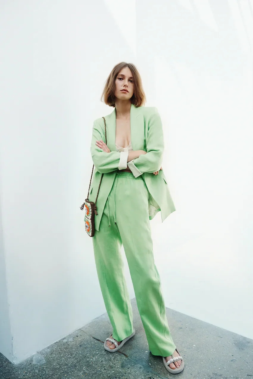 Fashion Green Cotton And Linen Straight-leg Lace-up Trousers,Pants