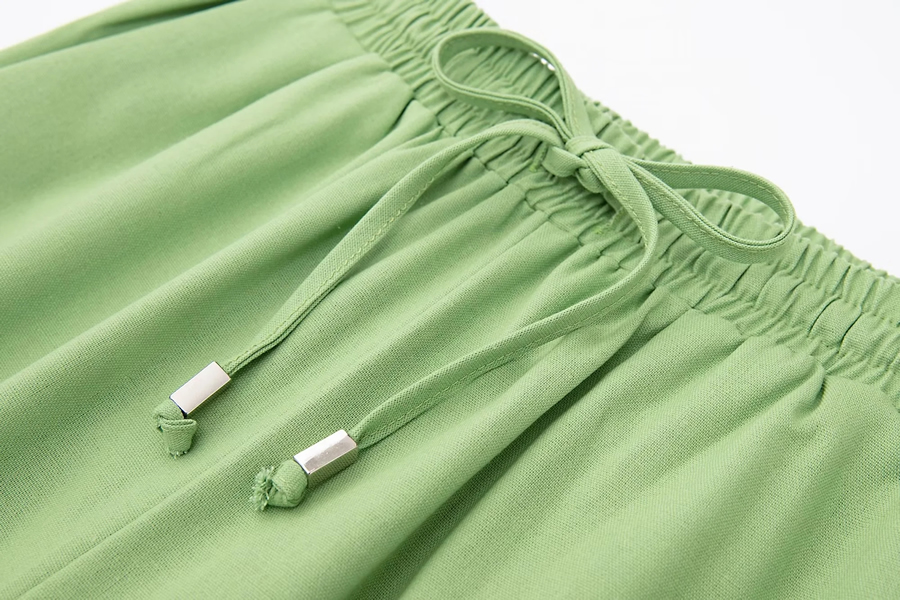 Fashion Green Cotton And Linen Straight-leg Lace-up Trousers,Pants