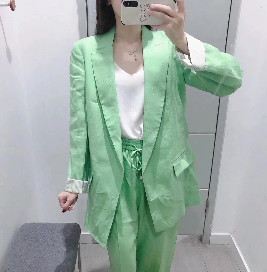 Fashion Green Cotton And Linen Pocket Blazer,Coat-Jacket