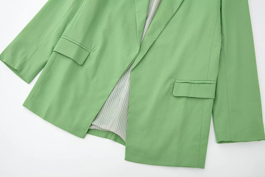 Fashion Green Cotton And Linen Pocket Blazer,Coat-Jacket