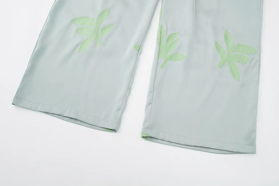 Fashion Green Leaf-embroidered Straight-leg Trousers,Pants