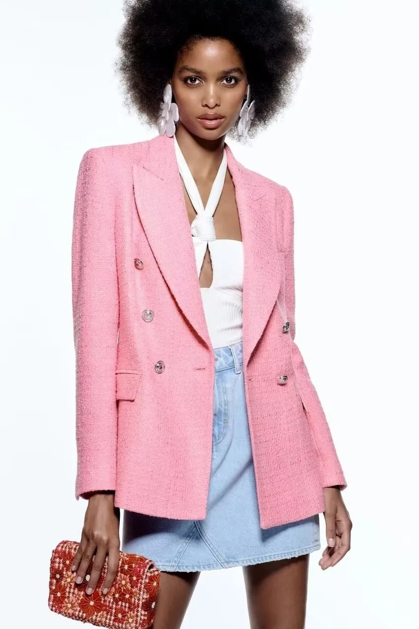 Fashion Pink Textured Double-breasted Pocket Blazer,Coat-Jacket