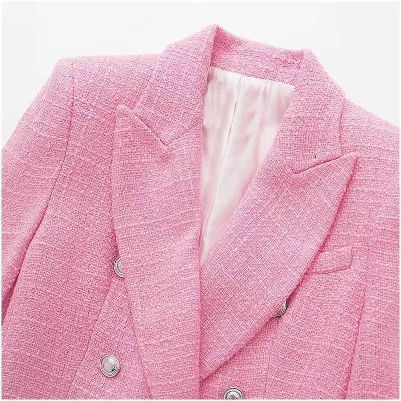 Fashion Pink Textured Double-breasted Pocket Blazer,Coat-Jacket