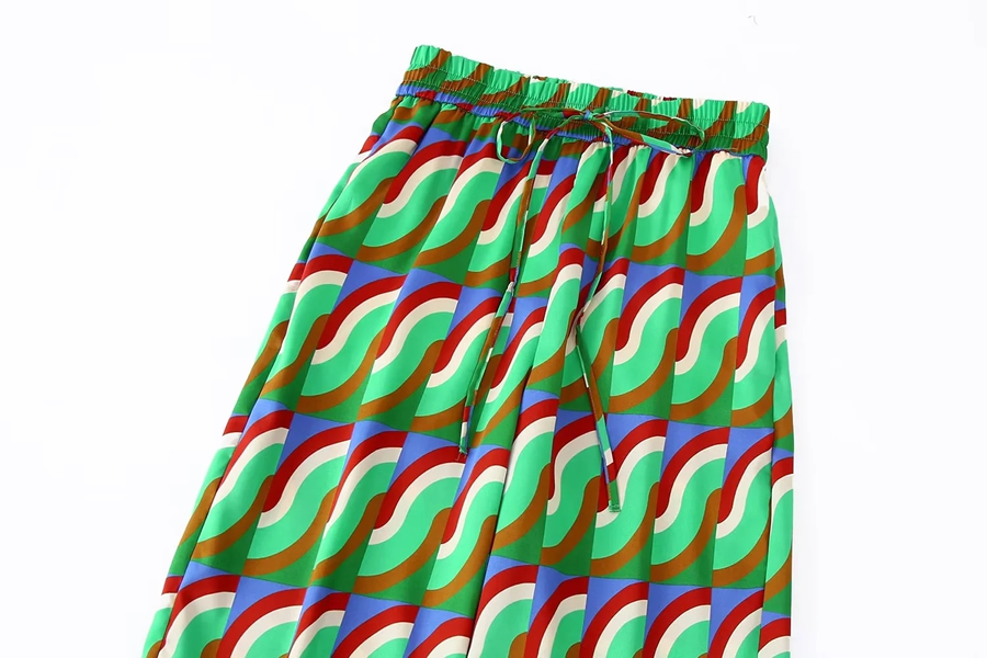 Fashion Green Geometric Print Straight-leg Lace-up Trousers,Pants