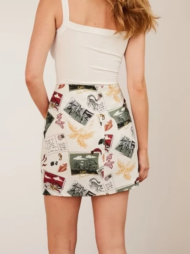 Fashion Color Linen Print Skirt,Skirts