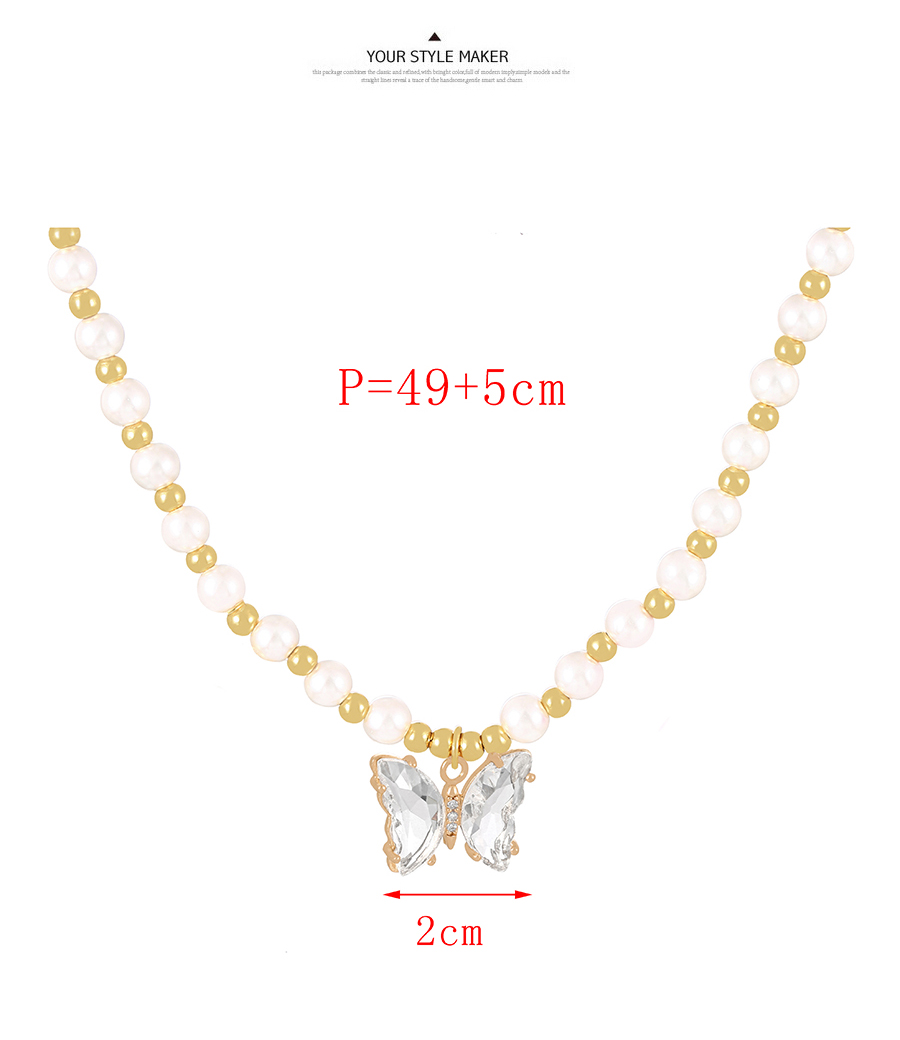 Fashion White Bronze Zirconium Pearl Beaded Butterfly Pendant Necklace,Necklaces