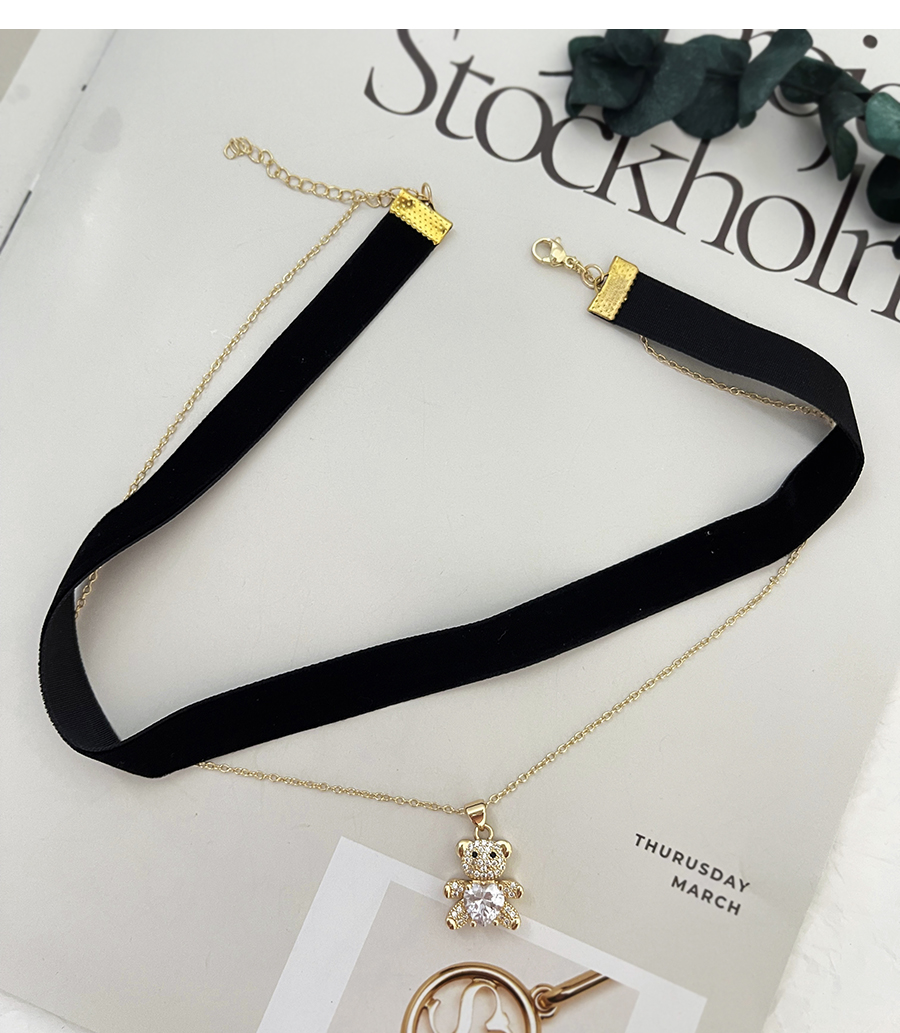 Fashion White Bronze Heart Zirconium Bear Velvet Double Layer Collar,Necklaces