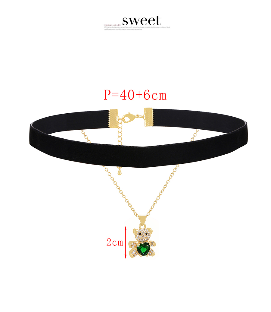Fashion Green Bronze Heart Zirconium Bear Velvet Double Layer Collar,Necklaces