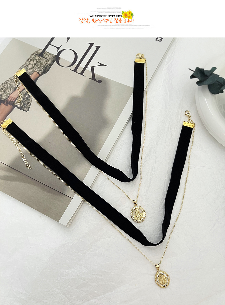 Fashion Gold-4 Bronze Zirconium Portrait Velvet Double Collar,Necklaces