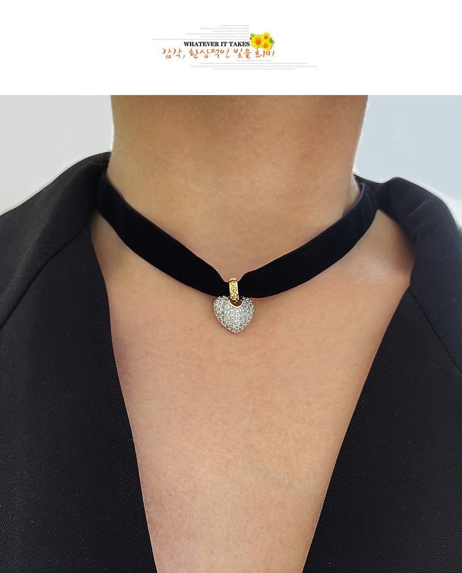 Fashion Silver Bronze Zircon Heart Pendant Velvet Collar,Necklaces
