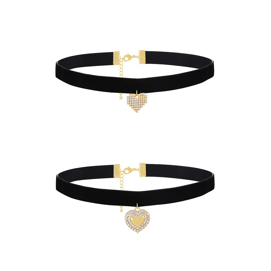 Fashion Gold-3 Bronze Zircon Heart Pendant Velvet Collar,Necklaces